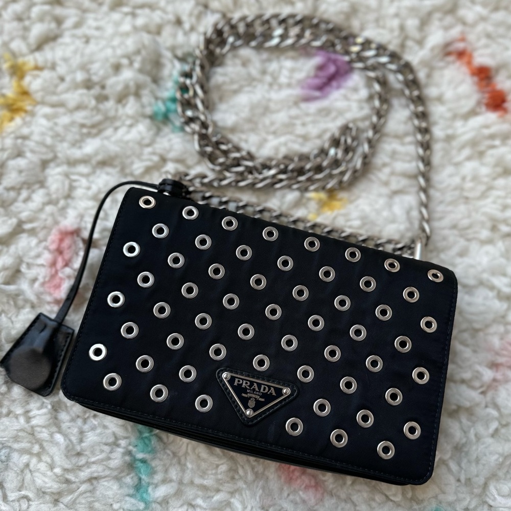 Prada | Black Tessuto / Calfskin Grommet Chain Shoulder Bag